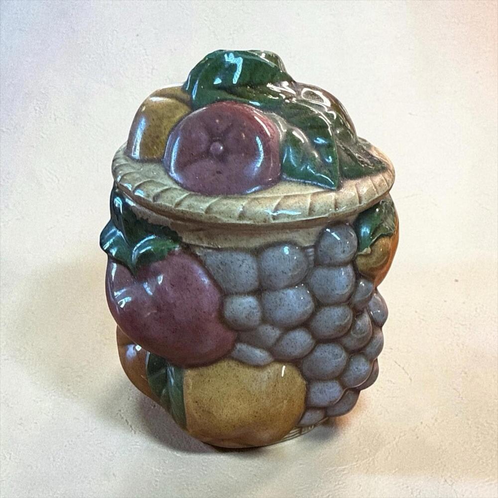 Small Ceramic Sculpted Fruit Canister Container w/Lid 4.5"H Basket Weave